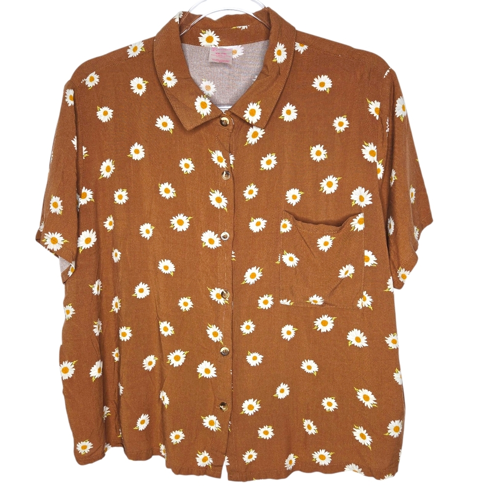 No Boundaries Daisy Button Up Size XXL Brown Cottagecore Fairy Garden